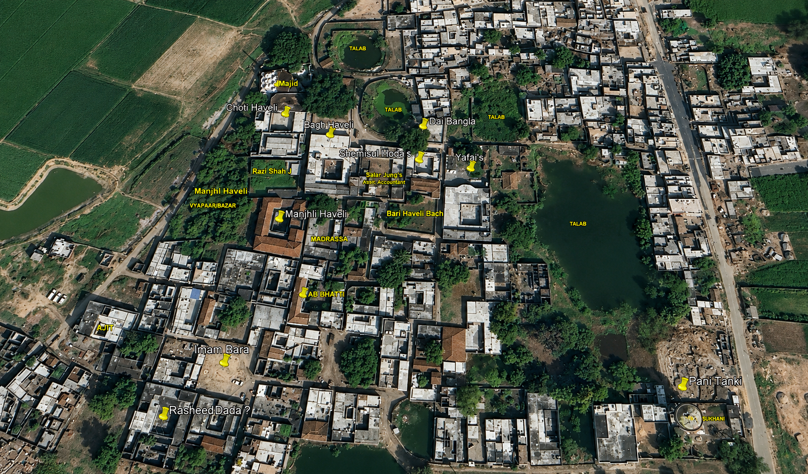 Aerial view of Bazidpur village with landmarks labelled
